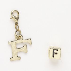 Charm and bead 1pkg2 brass-finished "pewter" (zinc-based alloy) / steel / enamel, black, 14x12mm "F" with lobster claw clasp and 7mm cube with "F".