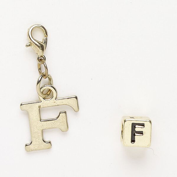 Charm and bead 1pkg2 brass-finished "pewter" (zinc-based alloy) / steel / enamel, black, 14x12mm "F" with lobster claw clasp and 7mm cube with "F". image number 0
