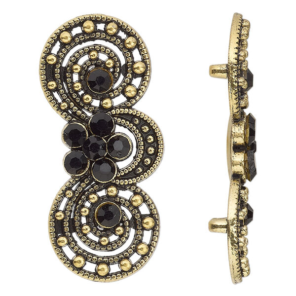 Spacer, antiqued gold-finished "pewter" (zinc-based alloy) and Czech glass rhinestone, black, 39x17mm 2-strand fancy double circle. Sold per pkg of 4. image number 0