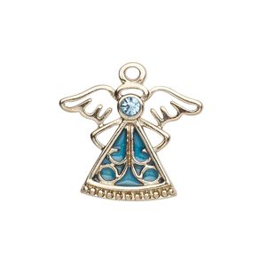 Charm, enamel / crystals / gold-finished "pewter" (zinc-based alloy), aquamarine and light blue, 24x19mm single-sided angel. Sold individually.