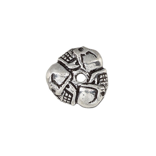 Bead, antique silver-plated white brass, 17x8mm triangle rondelle with skulls, 2mm hole. Sold individually. image number 0