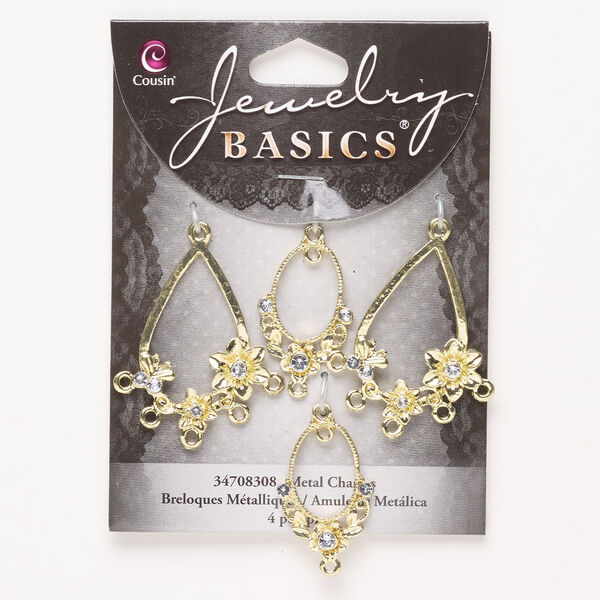 Drop, brass and glass, pkg/4, gold finish and clear, 26x18mm oval and 35x25mm teardrop. image number 0