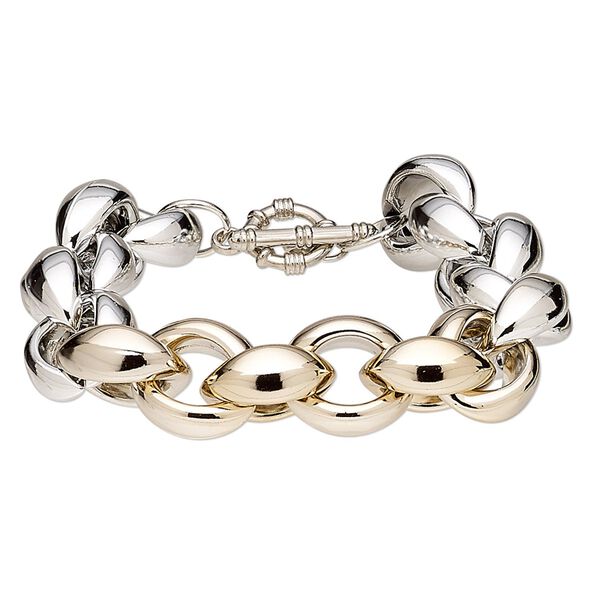 Bracelet, silver-finished steel with silver- and rose gold-coated plastic, 19mm wide with 20x19mm oval, 7 inches with toggle clasp. Sold individually. image number 0