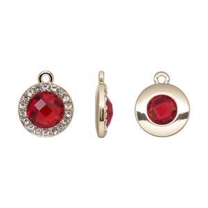 Drop, glass / glass rhinestone / gold-finished "pewter" (zinc-based alloy), clear and transparent ruby red, 15.5mm single-sided round. Sold per pkg of 2.