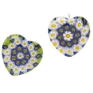 Bead, millefiori glass, translucent mixed colors, 19mm half-drilled puffed heart with flower and butterfly design, 0.6-0.8mm hole. Sold per pkg of 2.