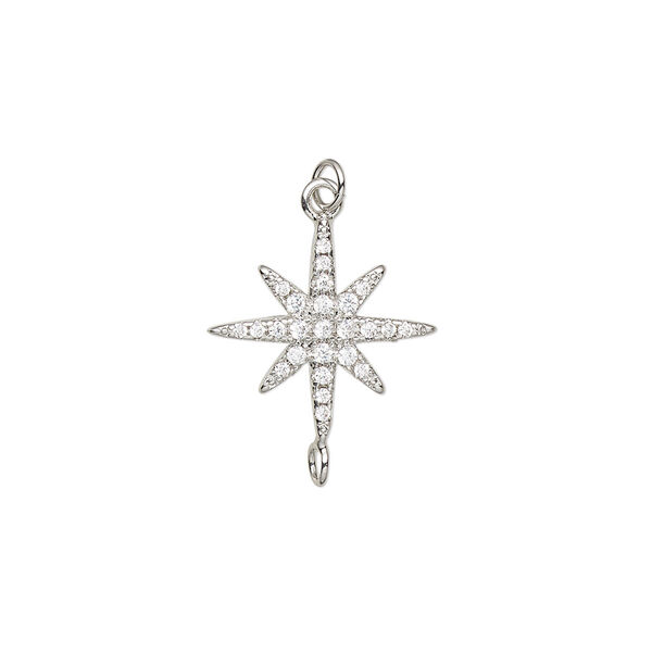 Charm, cubic zirconia and imitation rhodium-plated brass, clear, 16x15.5mm single-sided star with 3.5mm open jump ring. Sold per pkg of 2. image number 0