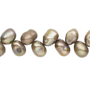 Pearl, cultured freshwater (dyed), brass, 8x6mm-10x7mm herringbone-drilled flat-sided rice with 0.4-0.6mm hole, D grade, Mohs hardness 2-1/2 to 4. Sold per 14-inch strand.
