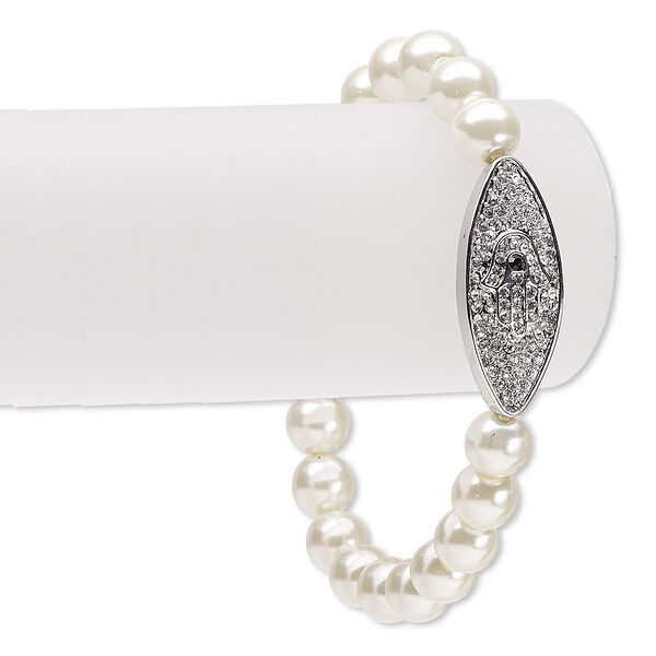 Bracelet, stretch, acrylic / Czech glass rhinestone / antique silver-plated "pewter" (zinc-based alloy), white / clear / black, 13mm wide with 30x13mm marquise and Fatima hand, 6-1/2 inches. Sold individually. image number 0