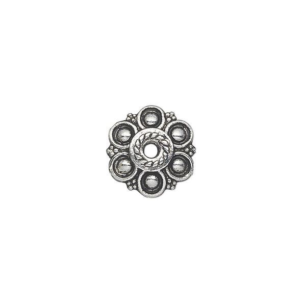 Bead cap, antique silver-plated "pewter" (zinc-based alloy), 13x3mm flower, fits 18-20mm bead. Sold per pkg of 20. image number 0
