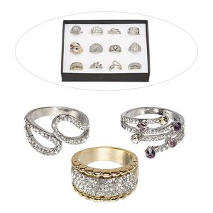 Ring mix, glass rhinestone and mix-finished "pewter" (zinc-based alloy), mixed colors, size 8. Sold per pkg of 12.