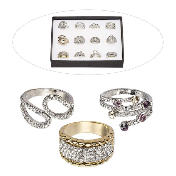 Ring mix, glass rhinestone and mix-finished "pewter" (zinc-based alloy), mixed colors, size 8. Sold per pkg of 12. image number 0