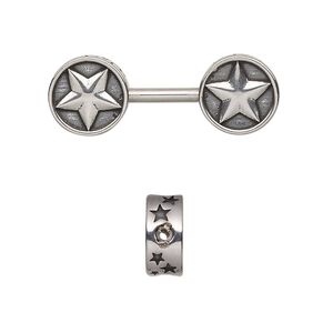 Bead, antiqued stainless steel, 30x10.5mm dumbbell with star design. Sold individually.
