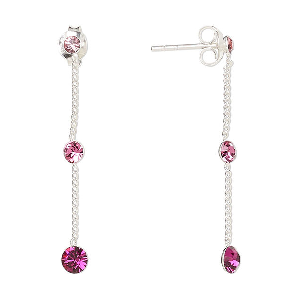 Earstud, Create Compliments®, sterling silver and crystal, pink, 33mm. Sold per pair. image number 0