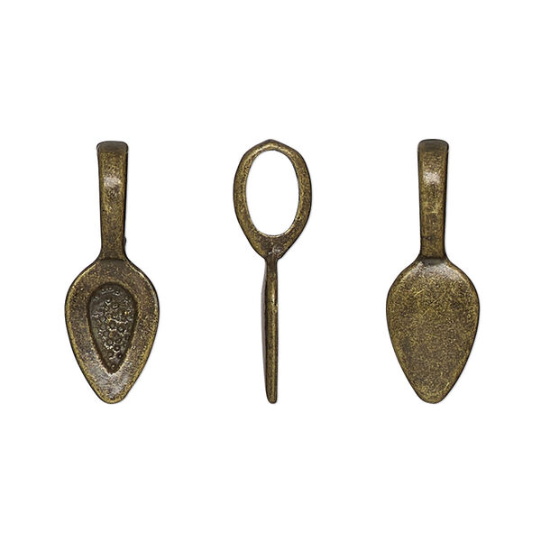 Bail, glue-on, antique brass-finished "pewter" (zinc-based alloy), 21x7.5mm leaf with 12x7.5mm pad. Sold per pkg of 20. image number 0