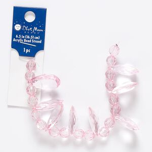 Bead and drop, acrylic, pink, 8mm round and 24x17mm-25x18mm faceted puffed teardrop with 2mm hole. Sold per 6-1/2 inch strand.
