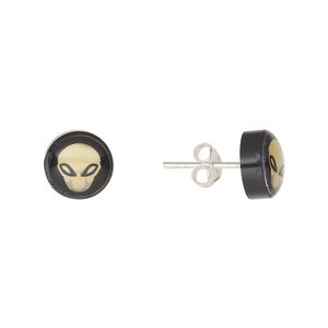 Earstud, Everyday Jewelry, sterling silver and acrylic, black and light yellow, 9mm round with alien. Sold per pair.