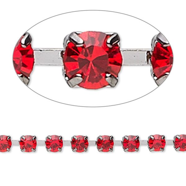 Cupchain, glass rhinestone and gunmetal-plated brass, light red, 4mm round. Sold per pkg of 1 meter, approximately 160 cups. image number 0