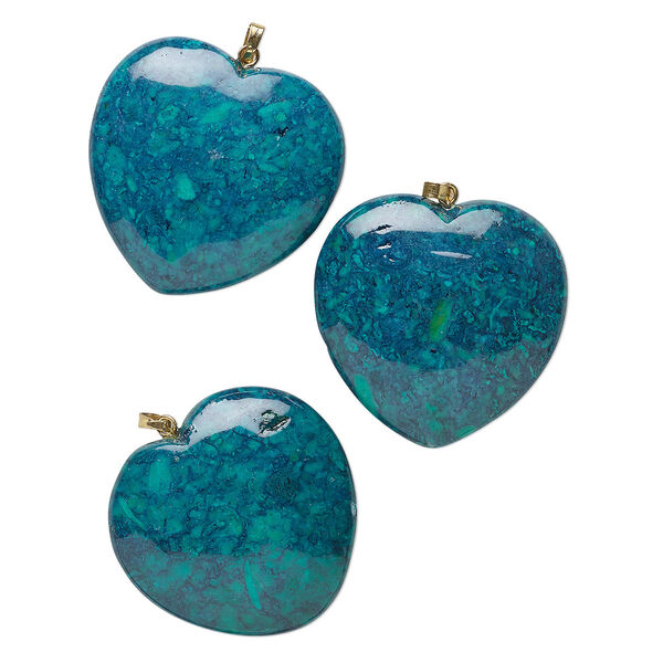 Pendant, Everyday Jewelry, riverstone (dyed) and gold-finished brass, green, 34-36mm heart. Sold per pkg of 3. image number 0