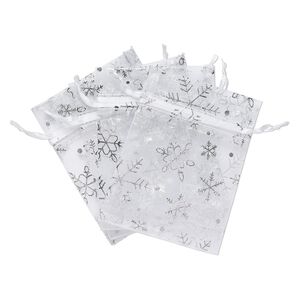 Pouch, organza, silver and white, 4-3/4 x 3-1/2 inches with snowflake pattern and drawstring closure. Sold per pkg of 4.