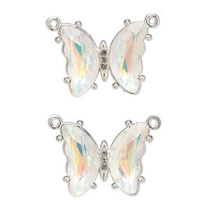 Connector, silver-finished brass and glass, clear AB, 19x15mm butterfly with closed loop. Sold per pkg of 2.
