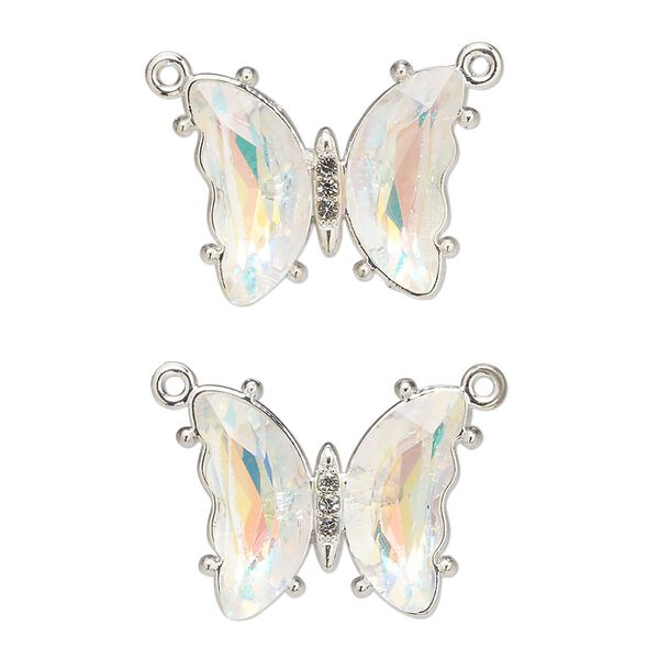 Connector, silver-finished brass and glass, clear AB, 19x15mm butterfly with closed loop. Sold per pkg of 2. image number 0