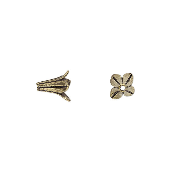 Bead cap, antique gold-finished brass, 8mm 4-petal flower, fits 6-8mm bead. Sold per pkg of 12. image number 0