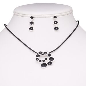 Necklace and earring set, leather (dyed) / enamel / stainless steel / silver-plated brass / steel / "pewter" (zinc-based alloy), black, 30x28mm spiral, 15" to 16" necklace with 2-inch extender chain and lobster claw clasp, 26mm earrings with post. Sold per set.