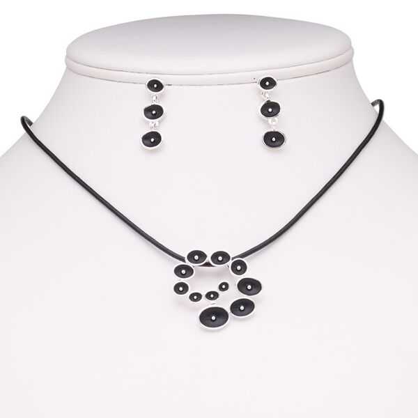 Necklace and earring set, leather (dyed) / enamel / stainless steel / silver-plated brass / steel / "pewter" (zinc-based alloy), black, 30x28mm spiral, 15" to 16" necklace with 2-inch extender chain and lobster claw clasp, 26mm earrings with post. Sold per set. image number 0