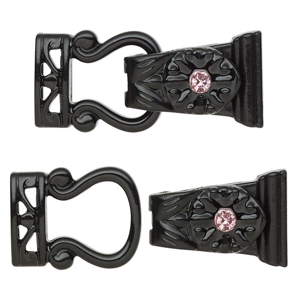 Clasp, magnetic, black-finished "pewter" (zinc-based alloy) and glass, pink, 29x13mm 2-strand fold-over. Sold per pkg of 2. image number 0