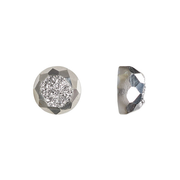 Cabochon, druzy agate (coated), silver, 10mm hand-cut loosely calibrated faceted round, B grade, Mohs hardness 7. Sold individually. image number 0