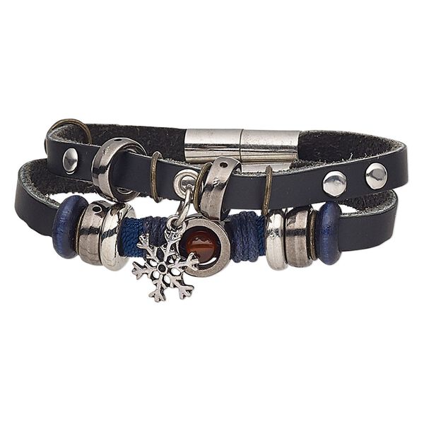 Bracelet, 2-strand, leather / wood (dyed) / waxed cotton cord / glass / steel / silver- / antique silver-plated acrylic, black / blue / red, 20mm wide, 6-1/2 inches with magnetic clasp. Sold individually. image number 0