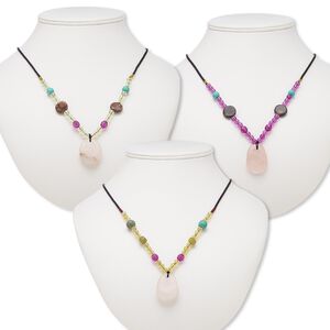 Rose quartz / multi-gemstone / acrylic 1pkg3, oval necklace continuous 20 inch mix 27x20mm-32x28mm