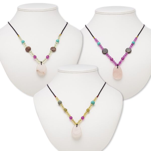 Rose quartz / multi-gemstone / acrylic 1pkg3, oval necklace continuous 20 inch mix 27x20mm-32x28mm image number 0
