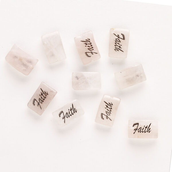 Rose quartz / enamel 1pkg10, "Faith" flat rectangle bead 13x8mm image number 0