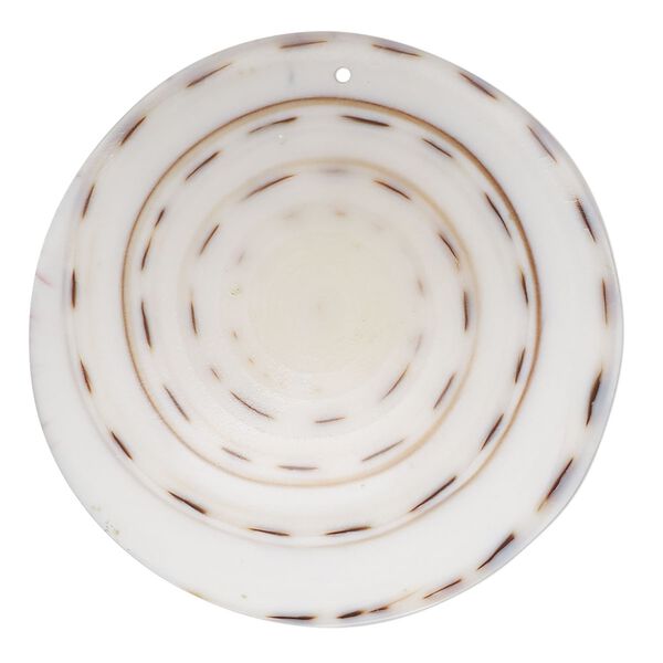 Focal, lettered cone shell (natural), white, 40mm top-drilled round, Mohs hardness 3-1/2. Sold individually. image number 0