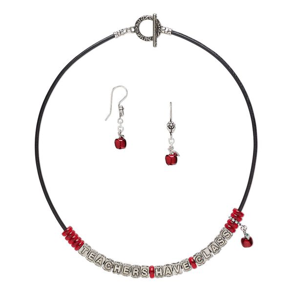 Necklace and earring set, One of a Kind Jewelry, Greek leather with silver-finished brass / pewter (tin-based alloy) / "pewter" (zinc-based alloy) / glass, red, 18-inch necklace. Only one available. image number 0