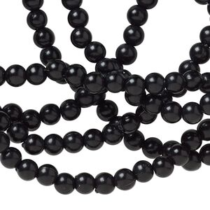 Bead, Lucite®, black, 4mm round. Sold per 34-inch continuous strand.
