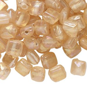 Bead, lampworked glass, translucent peach luster, 8mm puffed square. Sold per 2-ounce pkg, approximately 110 beads.