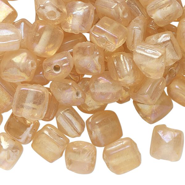 Bead, lampworked glass, translucent peach luster, 8mm puffed square. Sold per 2-ounce pkg, approximately 110 beads. image number 0