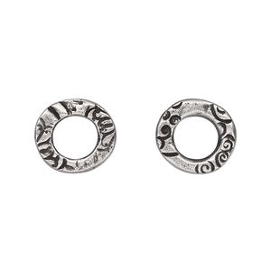 Component, TierraCast®, "Vida Mas Dulce" collection, antiqued pewter (tin-based alloy), 13x12mm uneven open round with flora design and 7mm hole. Sold per pkg of 4.