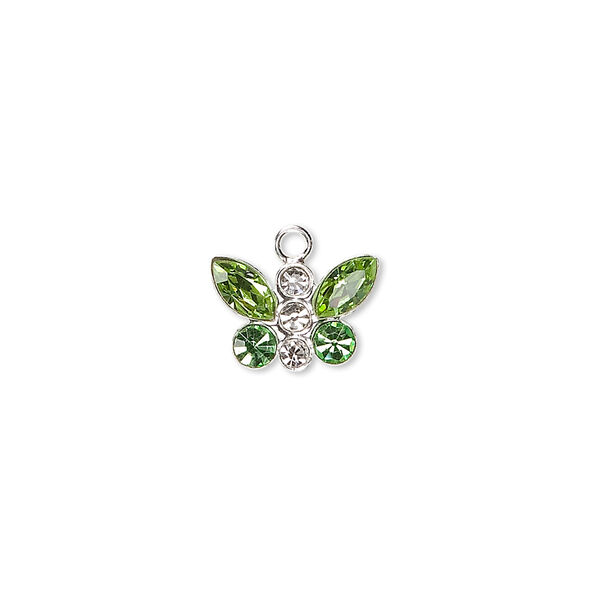 Charm, crystals and sterling silver, crystal clear and peridot, 12x8mm butterfly. Sold individually. image number 0