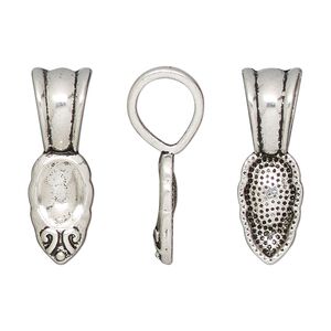 Bail, glue-on, antique silver-finished "pewter" (zinc-based alloy), 25.5x8.5mm leaf with 15x8.5mm pad. Sold per pkg of 10.