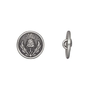 Button, TierraCast®, pewter (tin-based alloy), 14.5mm round with thistle design and hidden closed loop. Sold per pkg of 2.