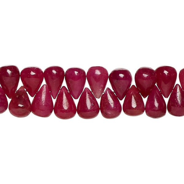Bead, Indian ruby (dyed), medium-dark, 6x5mm-8x7mm hand-cut top-drilled teardrop, B- grade, Mohs hardness 9. Sold per 8-inch strand, approximately 70 beads. image number 0