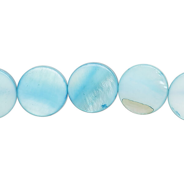 Mother-of-pearl shell 1pkg1, puffed flat round bead 15 inch teal blue 11-12mm image number 0