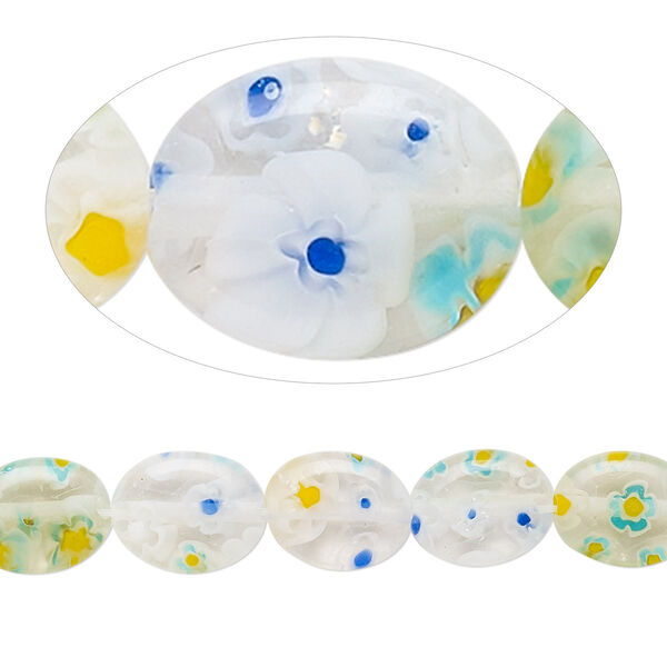 Bead, millefiori glass, translucent multicolored, 10x8mm puffed oval with 0.6-0.8mm hole. Sold per 15-inch strand. image number 0
