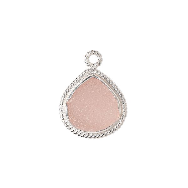 Drop, druzy agate (dyed) and sterling silver, pink, 16x16mm-18x17mm hand-cut single-sided teardrop with twisted wire design. Sold individually. image number 0