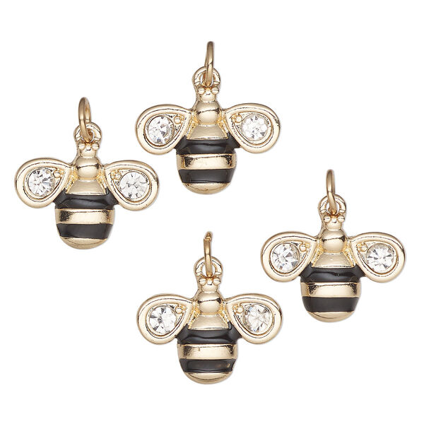 Charm, gold-finished "pewter" (zinc-based alloy), enamel and glass, black and clear, 19x14.5mm single-sided bee. Sold per pkg of 4. image number 0