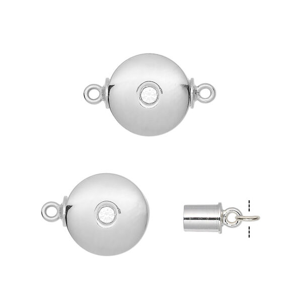 Clasp, magnetic, cubic zirconia and silver-plated brass, clear, 12mm flat round. Sold individually. image number 0