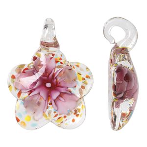 Pendant, lampworked glass, pink and multicolored, 45x34mm single-sided domed flower with flower and copper-colored foil. Sold individually.